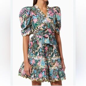 CeliaB Paisley Floral Puff-Sleeve Wrap Mini Dress in Pink & Teal